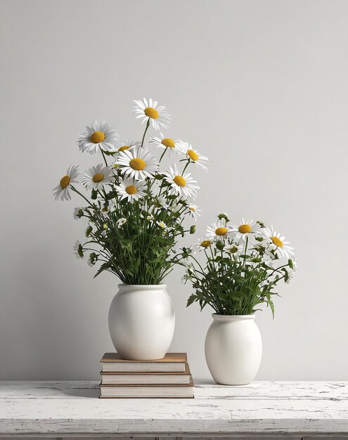 um vaso branco com margaridas e livros em uma mesa