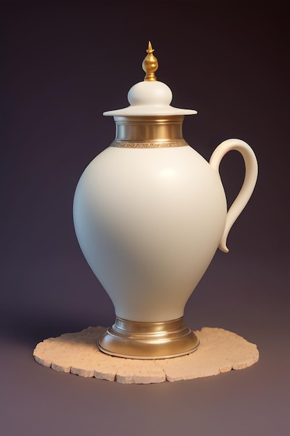 Um vaso branco com tampa dourada e alça dourada está sobre uma base para copos de madeira.
