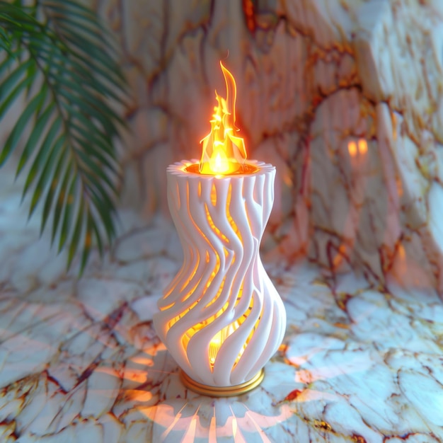 um vaso branco com uma chama é aceso