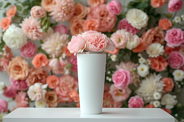 Um vaso branco com uma flor rosa nele