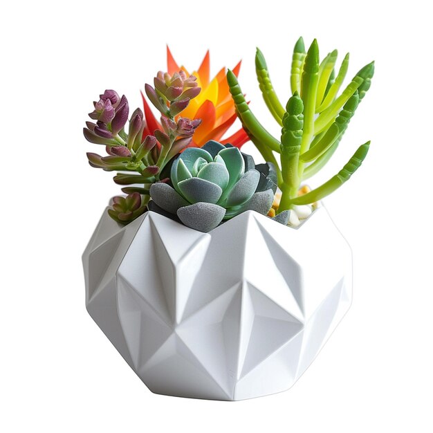 Foto um vaso branco com uma planta e uma forma de triângulo branco