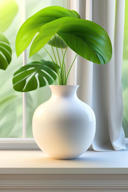 um vaso branco com uma planta na frente de uma janela e uma planta no fundo.