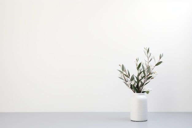 Um vaso branco com uma planta que contém uma planta verde.