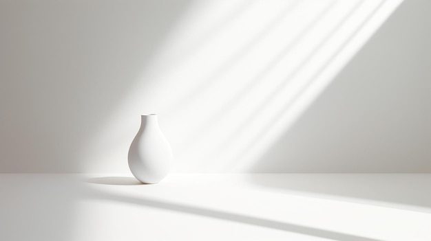 Um vaso branco está sobre uma mesa em uma sala.