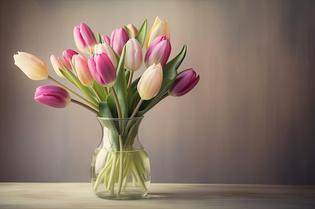 Um vaso cheio de delicadas tulipas de primavera em tons pastel