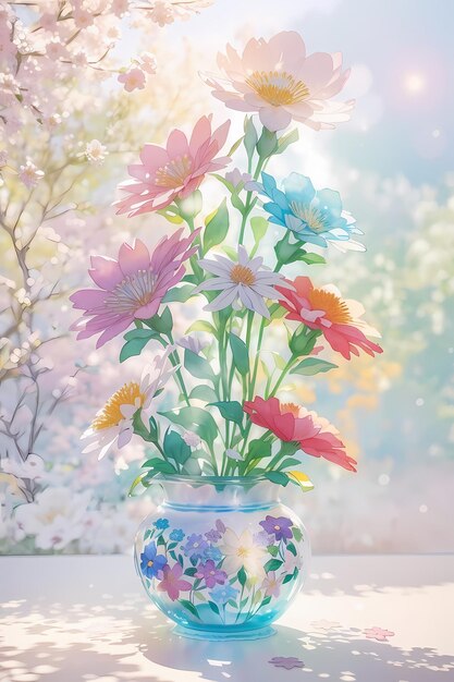 Um vaso cheio de flores coloridas ilustração de arte digital
