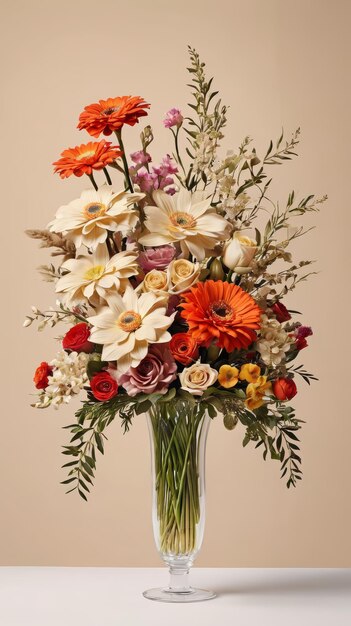 Um vaso cheio de flores de várias cores
