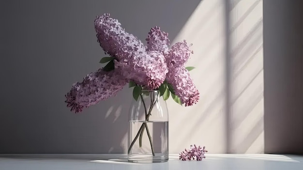 Um vaso cheio de flores roxas em cima de uma mesa