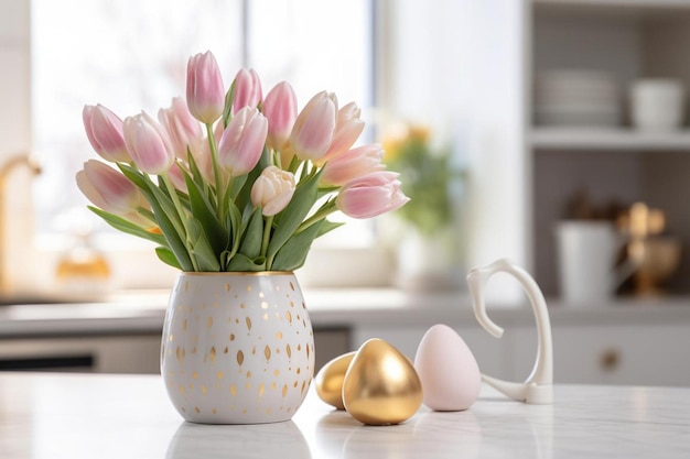 Um vaso cheio de tulipas cor-de-rosa ao lado de um ovo dourado