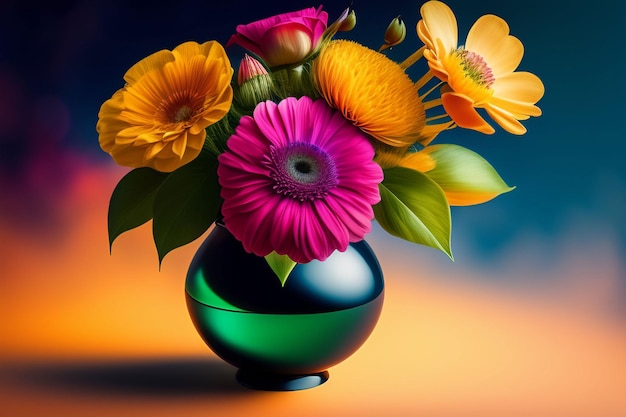 Um vaso colorido com flores está em um fundo colorido.