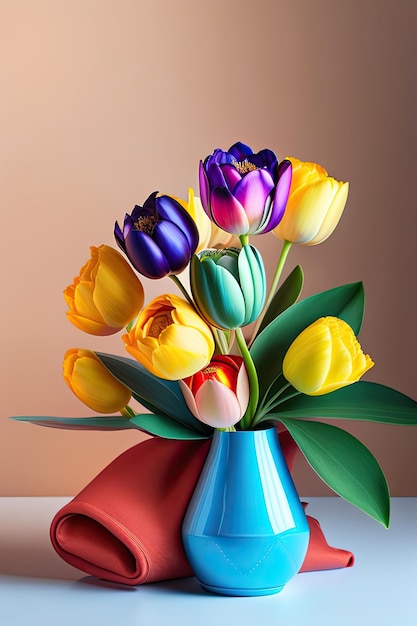 Um vaso colorido com tulipas e um pano vermelho e amarelo.