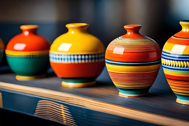 um vaso colorido fica sobre uma mesa de madeira com uma faixa azul.