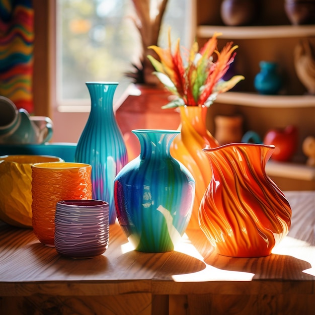 Foto um vaso colorido senta-se em uma superfície de madeira com outras cerâmicas coloridas