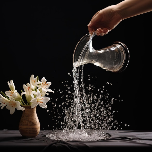 um vaso com água escorrendo e um vaso com flores dentro.