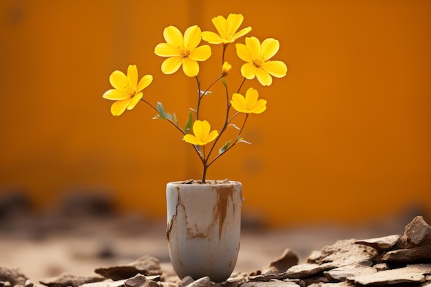 um vaso com flores amarelas em cima de uma pilha de entulho