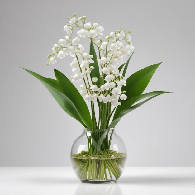 um vaso com flores brancas e folhas verdes