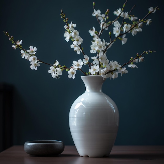 Foto um vaso com flores brancas e uma pequena tigela sobre a mesa.