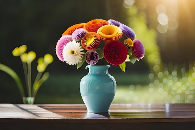 Um vaso com flores coloridas no parapeito de uma janela.