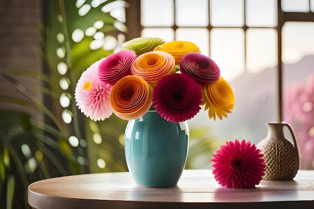 Um vaso com flores coloridas sobre uma mesa
