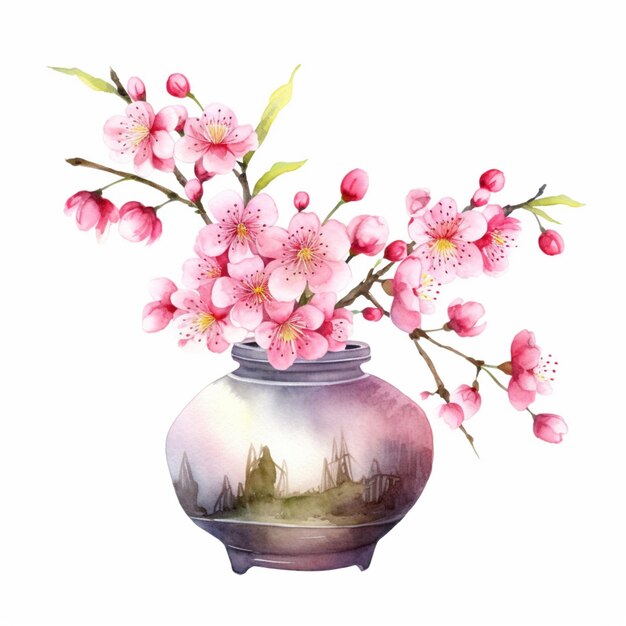 Um vaso com flores cor de rosa com a imagem de uma cidade no fundo.