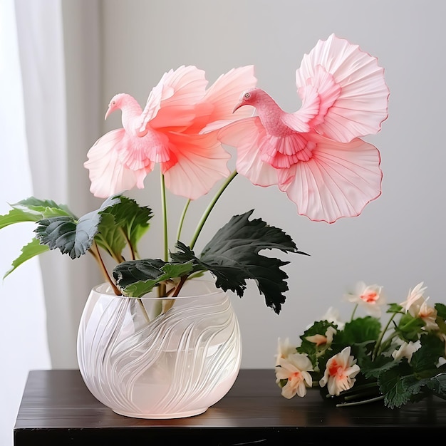 Foto um vaso com flores cor-de-rosa e folhas verdes em uma mesa