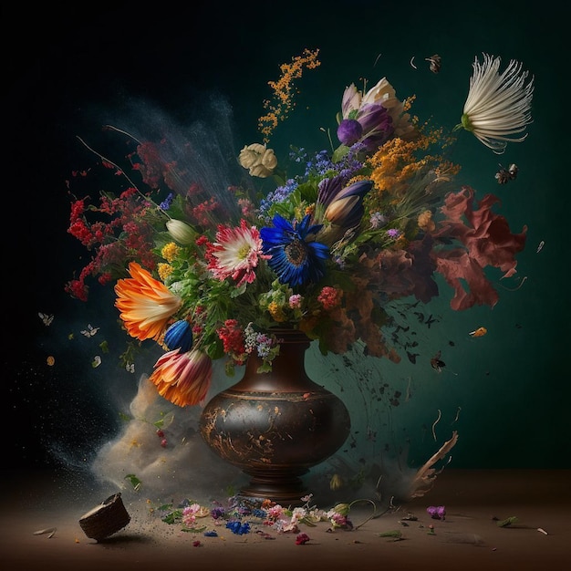 Um vaso com flores e poeira voando ao redor