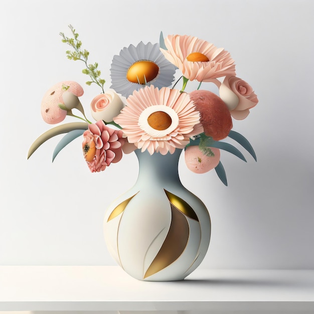 Um vaso com flores e um fundo branco com um desenho de ouro