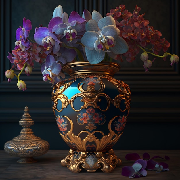 Um vaso com flores e um pequeno nele