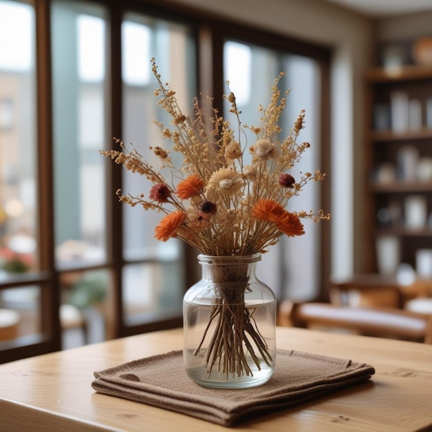 Foto um vaso com flores e um placemat em uma mesa