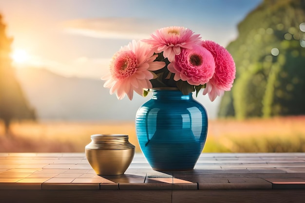 um vaso com flores e um vaso em uma mesa com uma pequena tigela e um pequeno frasco