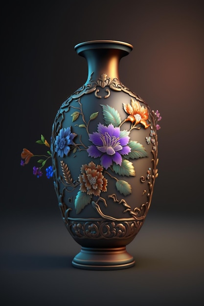 Um vaso com flores e uma base de ouro.