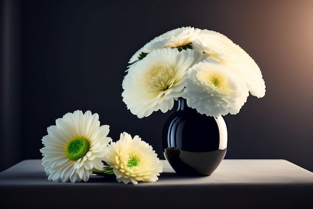 Um vaso com flores e uma flor verde à direita.
