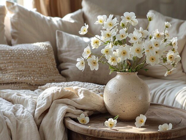 um vaso com flores em uma mesa e um cobertor branco