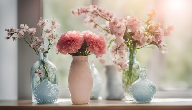 um vaso com flores no peitoral da janela e uma flor rosa ao fundo