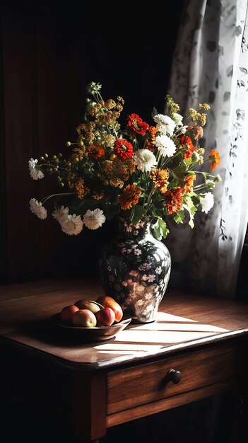 Um vaso com flores numa mesa.