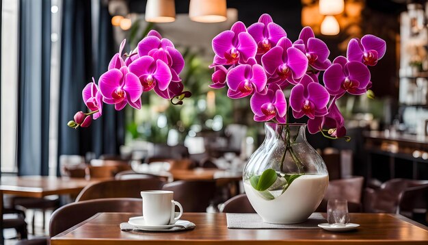 Foto um vaso com flores roxas e uma chávena de café em uma mesa