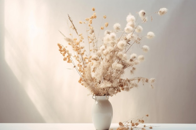 Um vaso com flores secas e um fundo branco.