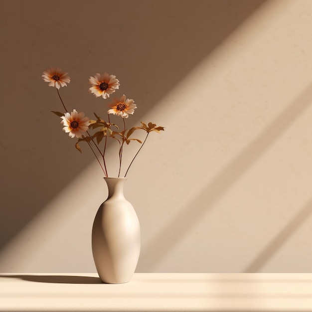 Um vaso com flores sobre uma mesa com uma luz brilhando através dele.