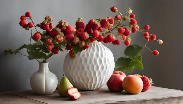 Foto um vaso com frutas e um vaso com um monte de maçãs