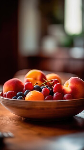 Um vaso com frutas frescas fica em uma mesa de madeira contra um fundo desfocado criando uma atmosfera favorável.