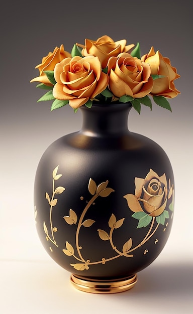 Um vaso com grandes flores e um desenho preto e dourado nele