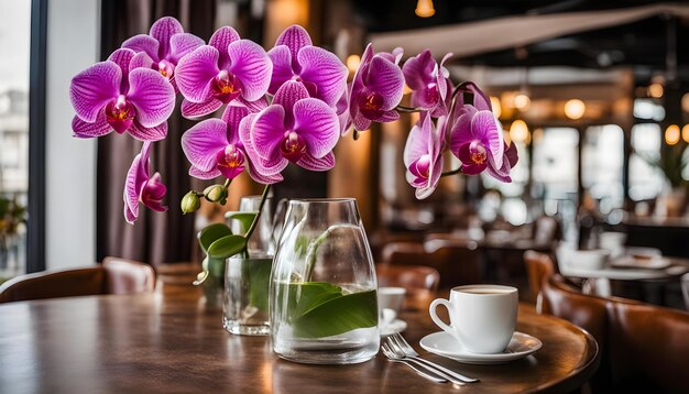 Foto um vaso com orquídeas roxas e um copo de água em uma mesa