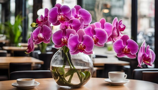 Foto um vaso com orquídeas roxas e uma chávena de café em uma mesa