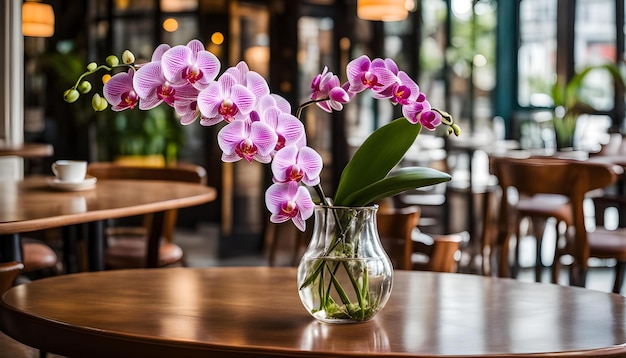 um vaso com orquídeas roxas nele senta-se em uma mesa