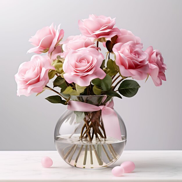 um vaso com rosas cor-de-rosa e folhas verdes