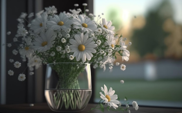 Um vaso com um buquê de flores brancas está sobre uma mesa com uma janela ao fundo. ai gerado