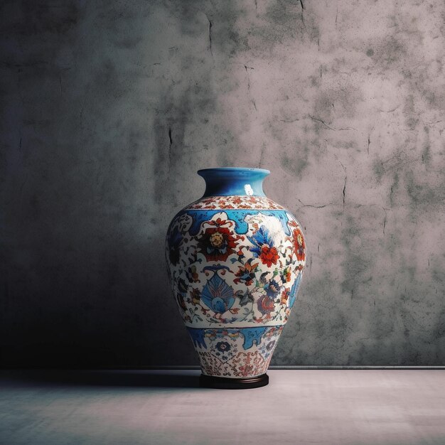 Um vaso com um padrão floral está sobre uma mesa.