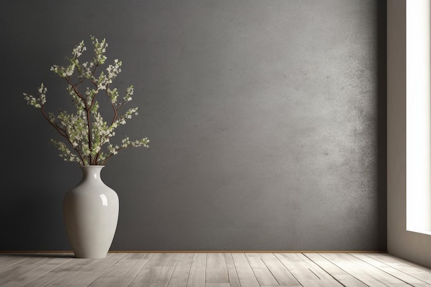 Um vaso com uma flor está em uma sala com uma parede cinza.