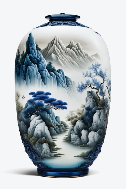Um vaso com uma montanha e uma montanha ao fundo