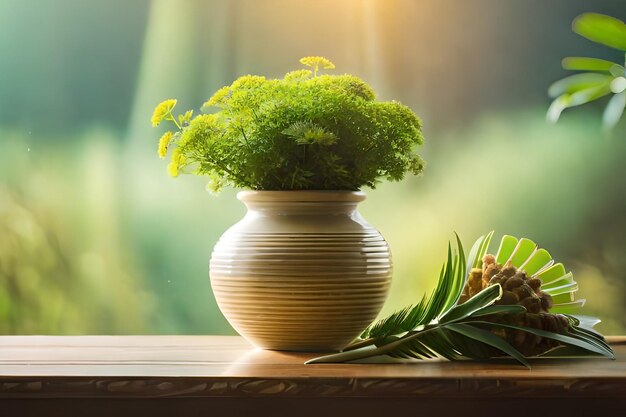 um vaso com uma planta em cima da mesa e um abacaxi em cima da mesa.